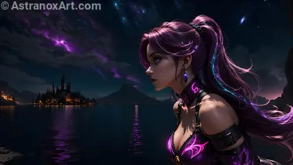 Enchanting female wizard with blue eyes and purple hair by the serene lake at dusk - 4K wallpaper capturing her mystique and magic