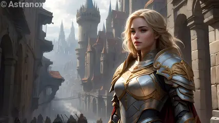 4K Wallpaper: Noble female paladin standing sentinel in an eerie city adorned in gleaming armor.