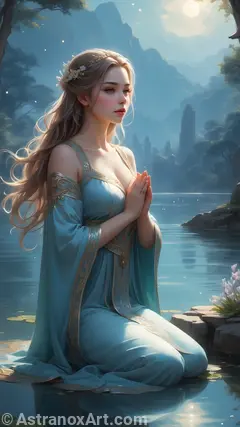 A stunning female priest adorned in ethereal robes by a shimmering lake under a celestial sky in this 4K wallpaper.