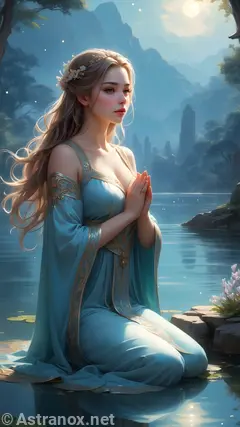 A stunning female priest adorned in ethereal robes by a shimmering lake under a celestial sky in this 4K wallpaper.