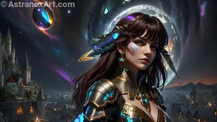 Female sorcerer with hazel eyes and straight brown hair in the bustling city at dusk - 4K wallpaper blending urban life and modern sorcery