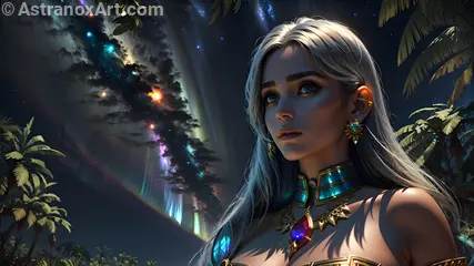 Enchanted female figure with blue eyes and platinum hair in a lush jungle landscape at dusk - 4K wallpaper blending nature and fantasy