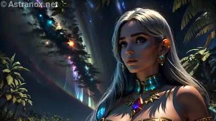 Enchanted female figure with blue eyes and platinum hair in a lush jungle landscape at dusk - 4K wallpaper blending nature and fantasy