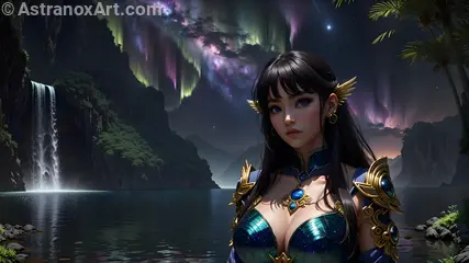 Mysterious female figure with blue eyes and side-swept black hair by a pristine waterfall at twilight - 4K wallpaper blending nature and fantasy