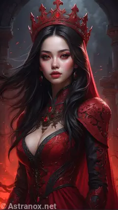 A necromancer queen raises the dead with unholy might in this haunting 4K wallpaper set in a desolate cemetery under a blood-red sky.