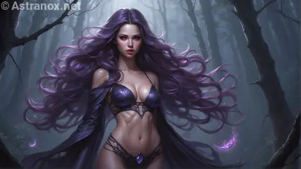 A witch with amethyst locks concocts dark magic in the cursed forest in this 4K wallpaper, illuminated by moonlight.