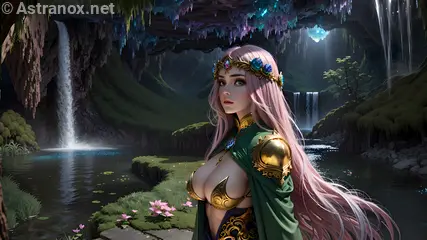 Sorceress with heterochromia eyes and pink hair in a mystical cave at daylight amidst the Americas' landscapes - 4K fantasy wallpaper capturing the essence of enchantment.