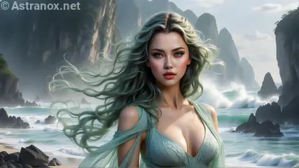 A seafoam-haired sorceress casting spells amidst the misty cliffs of a spectral coastline in this 4K wallpaper.