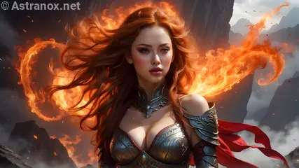 A flame-haired enchantress channeling the elemental forces of fire amidst the eerie, red-tinged light in this 4K wallpaper.