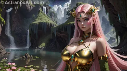 Sorceress with striking blue eyes and pink hair by a tranquil pond in Asia at dusk - 4K fantasy wallpaper capturing the essence of enchantment