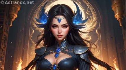 A void priestess channels ancient darkness in a forgotten temple in this 4K wallpaper, her hair a tapestry of ebony and sapphire.