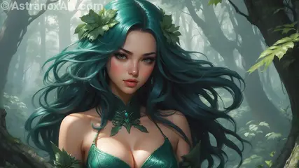 A witch with emerald green and midnight blue hair communing with spirits in a lush, foggy forest in this 4K wallpaper.