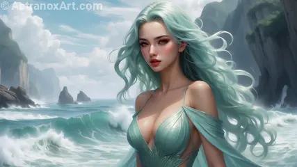 A seafoam-haired sorceress casts dark magic amidst the misty glow of a coastline in this 4K wallpaper.