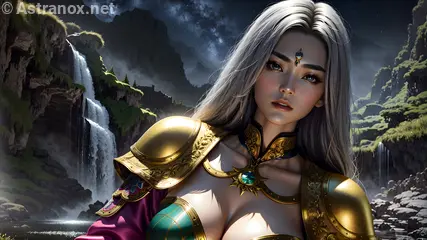 Fearless warrior by an enchanted waterfall at dusk, embodying power and strength - Fantasy HD 2K 4K wallpaper