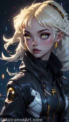 Female Galactic Racer 4K wallpaper: Anime beauty with blonde hair and piercing gold eyes stands out against the backdrop of a rain-soaked, urban landscape lit by neon lights. Showcasing her advanced cybernetic enhancements in a sleek and stylish manner. Perfect balance between sophistication and danger.