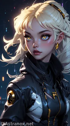 Female Galactic Racer 4K wallpaper: Anime beauty with blonde hair and piercing gold eyes stands out against the backdrop of a rain-soaked, urban landscape lit by neon lights. Showcasing her advanced cybernetic enhancements in a sleek and stylish manner. Perfect balance between sophistication and danger.