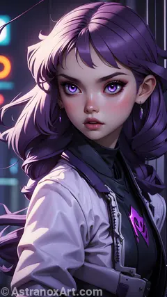 Wallpaper of a necromancer with purple hair and piercing purple eyes stands tall in Neon District. Her cybernetic enhancements blend seamlessly with her futuristic fashion.