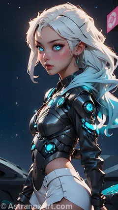 A cybernetic world meets magic in the female Druid of the Stars, a stunning beauty amidst the junkyard. With platinum hair, red lips, and blue eyes, she stands out against discarded tech and neon lights. A work of art with cybernetic enhancements, she embodies both fantasy and technology.