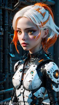 Female cyborg warrior with platinum hair and orange highlights. Hazel eyes pierce the darkness of Biohazard Alley. Cybernetic enhancements make her deadly in dangerous futuristic fashion district. Advanced appearance complements high-tech abilities. Technology reigns supreme, sleek lines, ethereal neon glow, force to be reckoned with.