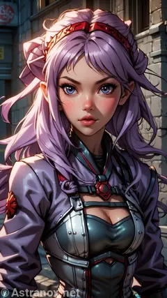 Cleric with purple hair and blue eyes navigates the Underground Network, a place for rebels to evade authorities. In vibrant outfit, she's confident and strong; magic is key in her fight against enemies. A world of conflict, betrayal, shadows, & despair but hope for redemption.