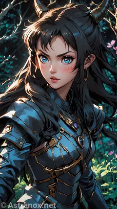 A female druid in black leather armor stands amidst a mystical, primeval forest with ghostly limbs and enchanting creatures. She communicates with the natural world around her, embodying elegance, sophistication, and mystique.