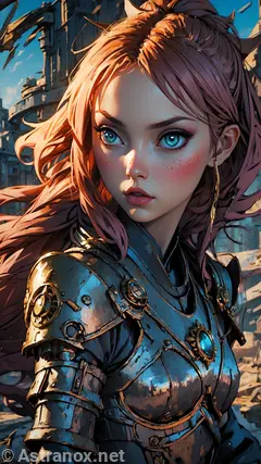 Red-Haired Beauty: An alluring anime-style illustration featuring a red-haired warrior with teal eyes amidst the enchanting architecture of the Clockwork City. Explore this unique world with this stunning wallpaper.