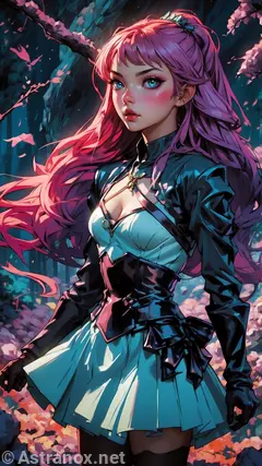 Let your imagination be captivated by the stunning visuals of this 4K wallpaper, where a sophisticated witch with vibrant pink hair and striking blue eyes resides within crystal caverns.