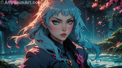 A mystical beauty in teal hair and eyes stands gracefully amidst the shimmering waters of Aurora Falls, surrounded by a dark and enchanting atmosphere.