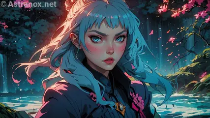 A mystical beauty in teal hair and eyes stands gracefully amidst the shimmering waters of Aurora Falls, surrounded by a dark and enchanting atmosphere.