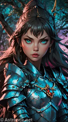 Amidst a mystical forest of vibrant colors, a woman in silver armor, with captivating teal eyes, stands enthralled by the haunting melodies.