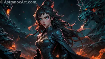 A powerful female Warlock commands the Infernal Abyss, surrounded by fire breathing demons in this stunning wallpaper.