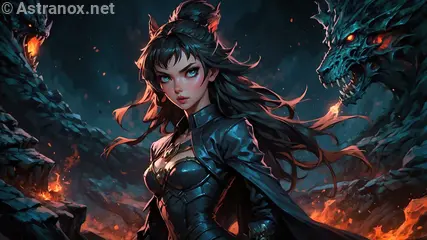 A powerful female Warlock commands the Infernal Abyss, surrounded by fire breathing demons in this stunning wallpaper.