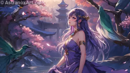 A captivating 4K wallpaper depicting a stunningly beautiful enchantress with origins in Scandinavia, Japan, and Egypt, clad in a manga-inspired dress of ethereal lilac and royal blue with glittering gemstones, standing amidst the shadowy Darknet Alley where hackers and data dealers trade illegal information.