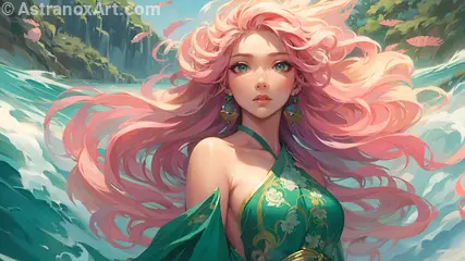 A captivating 4K wallpaper depicting a striking, athletic female with long pink hair and whimsical foliage tips, dressed in an azure kimono with gold patterns, standing waist-deep amidst mermaids and mythical marine creatures in the tranquil, surreal waters of the Eternal Sea of Serenity, a fantastical realm of enchanting wonder.