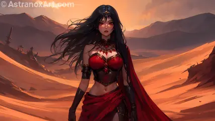 A captivating 4K wallpaper depicting a stunningly beautiful necromancer priestess of Northern European, Middle Eastern, and African origins, clad in a black corset and tattered crimson skirt, amidst the desolate Crimson Wastes, a visually rich and haunting panorama where dark fantasy horror and supernatural beauty reign supreme.