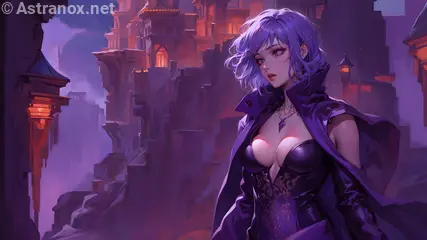 A captivating 4K wallpaper depicting a stunningly beautiful sinister sorceress of Japanese, Russian, and Polynesian origins, clad in a revealing purple corset and leather pants, with waist-length lavender hair streaked with lighter tips, reigning as the cruel mistress over The Nighthold, a twisted realm of eternal darkness.