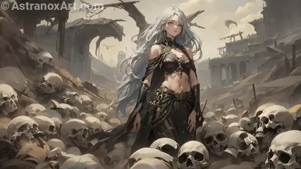 An enthralling 4K wallpaper depicting a stunningly beautiful bone priestess of Brazilian, Indian, and Chinese origins, clad in tattered dark robes and an obsidian corset adorned with bleached bones, standing amidst The Boneyard, a realm where an undying army of fallen warriors guards dark mysteries.