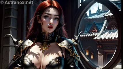 Powerful female warlock with blue eyes and fiery red hair takes center stage in the heart of a bustling city - 4K fantasy wallpaper capturing the essence of urban enchantment and magic