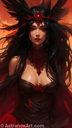 Captivating 4K Fantasy Wallpaper - The Crimson Wastes - Alluring Dark Necromancer Priestess in Arid Crimson Desert