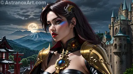 Captivating female warlock with blue eyes and burgundy hair, set against the enchanting backdrop of a modern cityscape at dusk - 4K fantasy wallpaper bringing magic to life