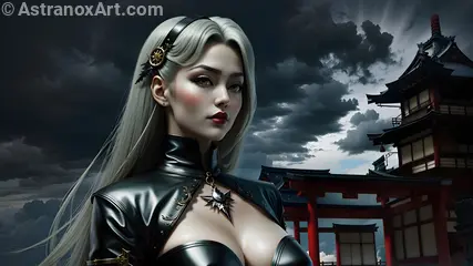 Striking female warlock with grey eyes and silver hair, set against the enchanting backdrop of a modern cityscape at dusk - 4K fantasy wallpaper capturing magic in action