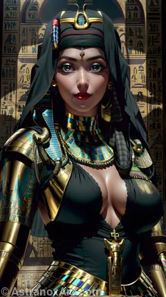 Enchanting portrait of a female Priest with captivating blue eyes and lustrous black hair, set against an Egyptian pyramid - 4K fantasy portrait, an enchanting journey to enchantment