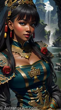 Enchanting portrait of a female Priest with deep blue eyes and Burgundy attire by the riverside - 4K fantasy portrait, a journey to enchantment in the African-inspired fantasy world