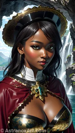 Mystical portrait of a female Priest with hazel eyes and straight black hair by a waterfall - 4K fantasy portrait, a journey to the world of magic and wonder in an African-inspired landscape