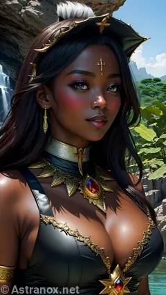 Enchanting portrait of a female Priest with blue eyes and straight black hair in an African-inspired jungle - 4K fantasy portrait, an invitation to explore the world of magic and wonder