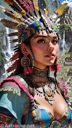 Mystical portrait of a female Shaman with captivating grey eyes and straight black hair against the majestic mountains in the daytime - 4K fantasy portrait, an invitation to embark on a journey into the mystical and enchanted