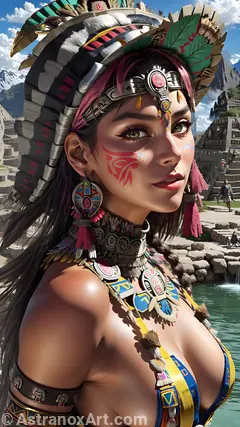 Mysterious portrait of a female Shaman with captivating green eyes and straight black hair among ancient ruins in the daytime - 4K fantasy portrait, an invitation to discover the enchantment and embrace wisdom