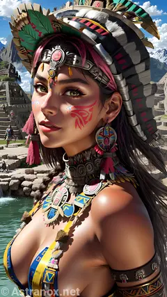 Mysterious portrait of a female Shaman with captivating green eyes and straight black hair among ancient ruins in the daytime - 4K fantasy portrait, an invitation to discover the enchantment and embrace wisdom