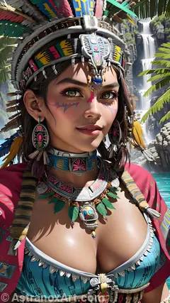 Mystical portrait of a female Shaman with captivating green eyes and straight black hair by a mesmerizing waterfall in the daytime - 4K fantasy portrait, an invitation to journey into ancient realms