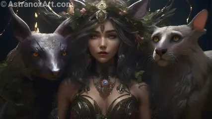 Mysterious portrait of a female Druid with striking grey eyes and flowing beach wave grey hair in a captivating landscape. Explore a world of fantasy, mystery, and enchantment with this 4K fantasy portrait